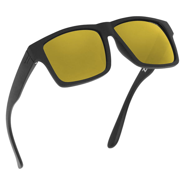 TOROE TR90 Square Frame Grade A Polarized Black Emblem Sunglasses with Anti Reflective Water Repellent Polycarbonate Lenses (Matte Black Frame Gold Mirror (Category 3))
